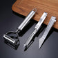 Stainless steel peeler, grater, and additional tool with metal blades in a set