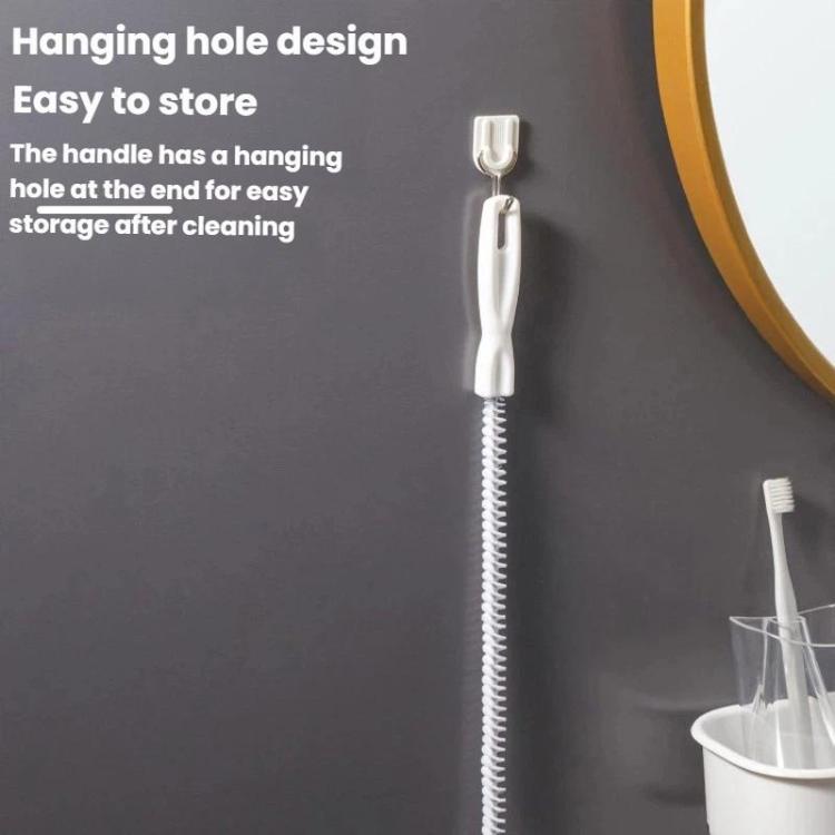 Hanging storage pipe cleaning brush with white handle and coiled bristles