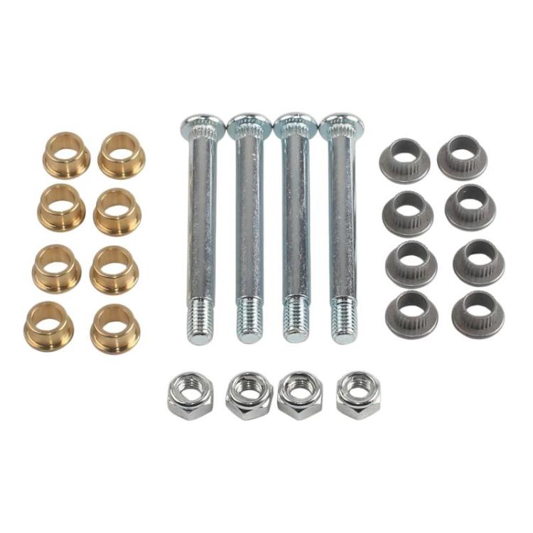 Door hinge bushing repair kit set with multiple bushings, steel pins, and hex nuts