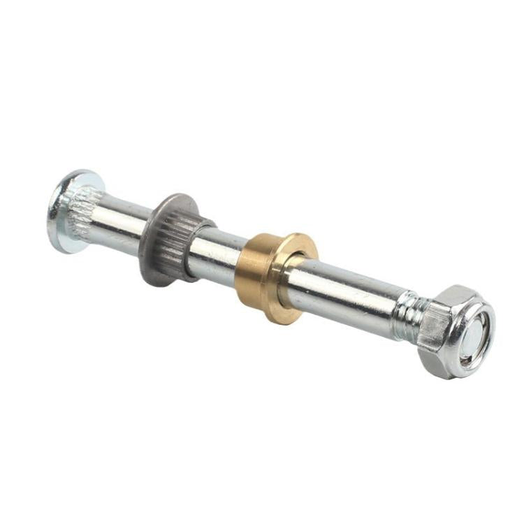 Door hinge bushing repair pin assembly with bronze sleeve and steel spacer plus nuts