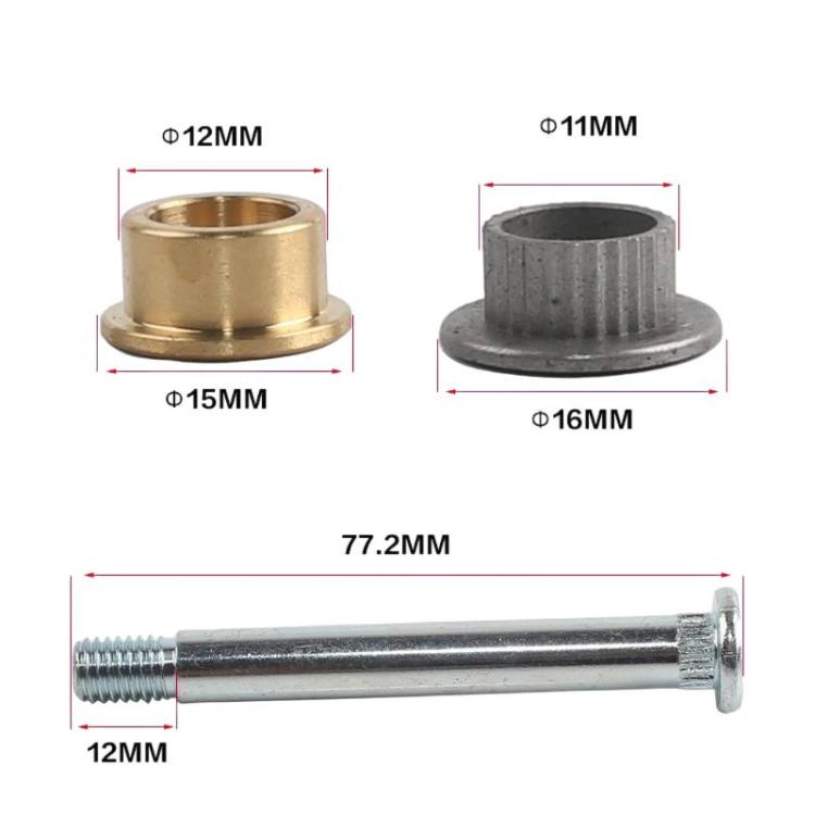 Measured door hinge bushing parts: bronze and black bushings with pin length dimensions