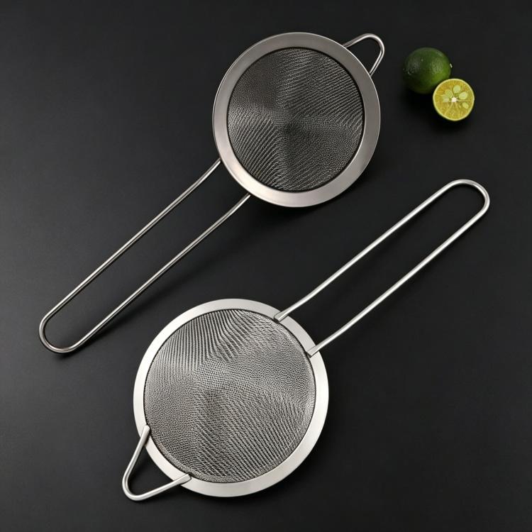 Stainless steel oil strainer set with round fine-mesh screens and pointed handles