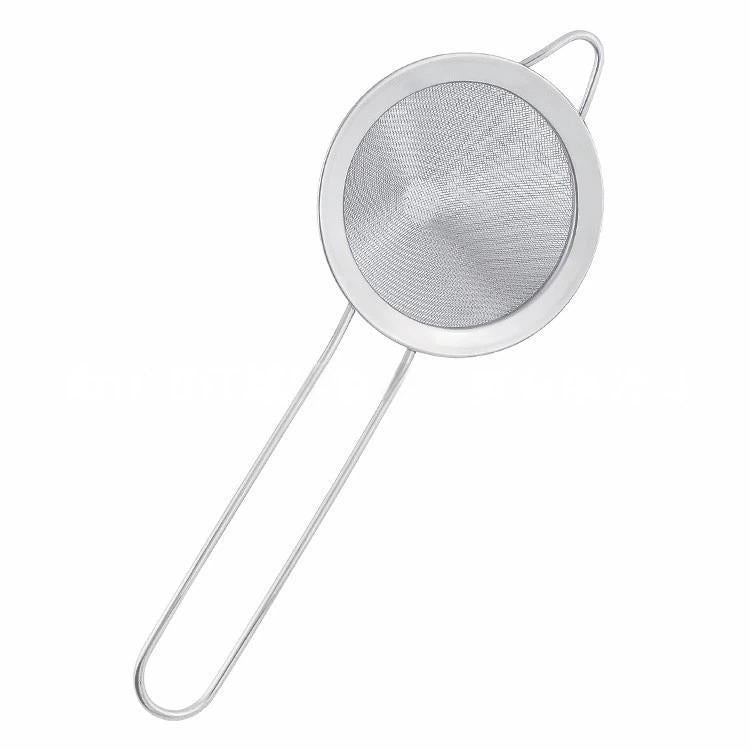 Stainless steel oil strainer with round fine-mesh screen and two long pointed handles