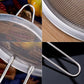 Close-up of stainless steel fine mesh oil strainer with metal frame and handles