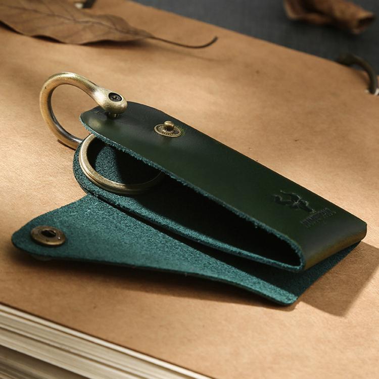 Dark green leather key pouch with double keyrings and snap button closure