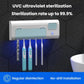 Wall-mounted toothbrush sanitizer stand with blue UV light and four toothbrushes