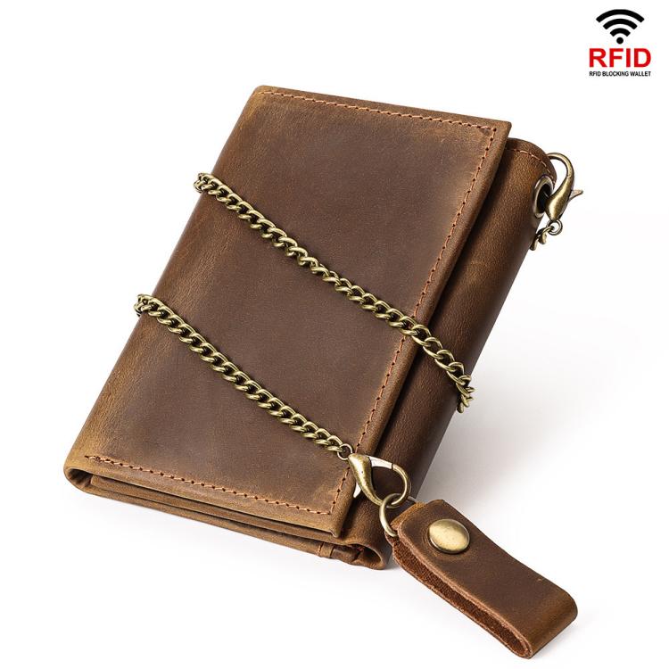 Light brown leather tri-fold wallet with coin pocket, chain detail, and wrist strap