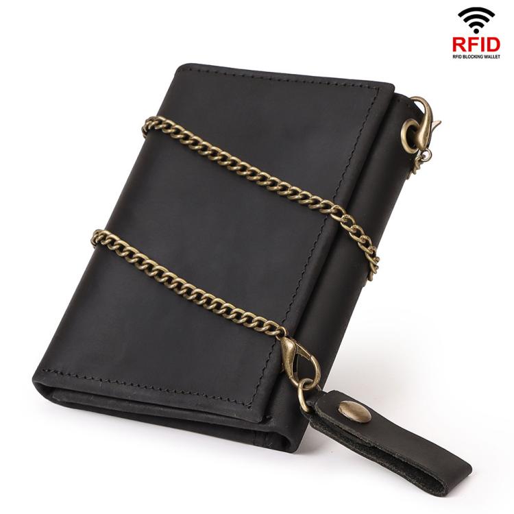 Black leather tri-fold wallet with coin pocket, chain detail, and wrist strap