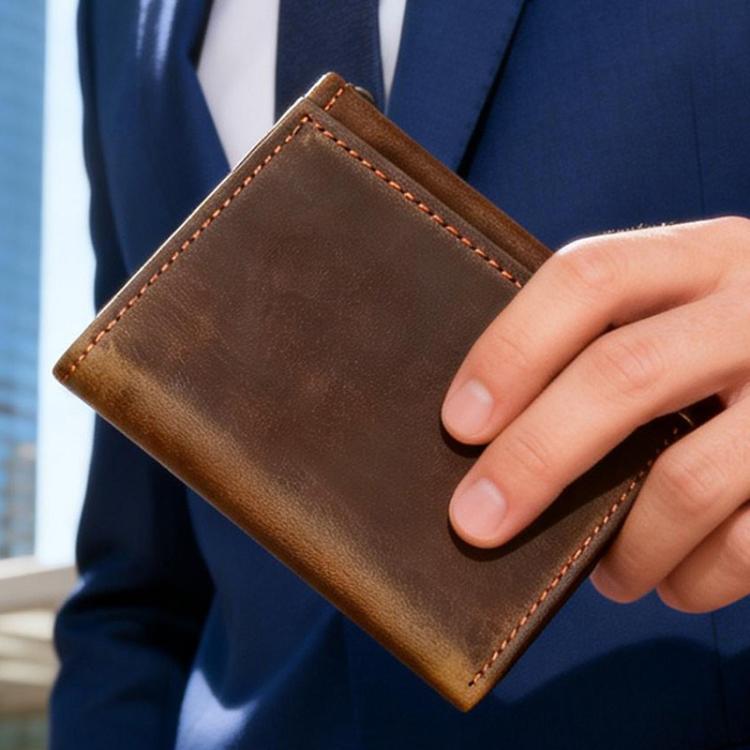 Brown leather tri-fold wallet held in hand with stitched edges and front panel
