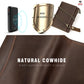 Brown leather wallet with chain strap and visible stitching detail