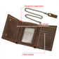 Open brown leather tri-fold wallet with card slots, coin pocket, and photo window