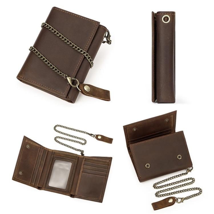 Brown leather tri-fold wallet set with chain strap, card slots, and coin pocket
