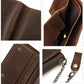 Brown leather wallet close-up with stitching, card pocket, and coin pouch strap