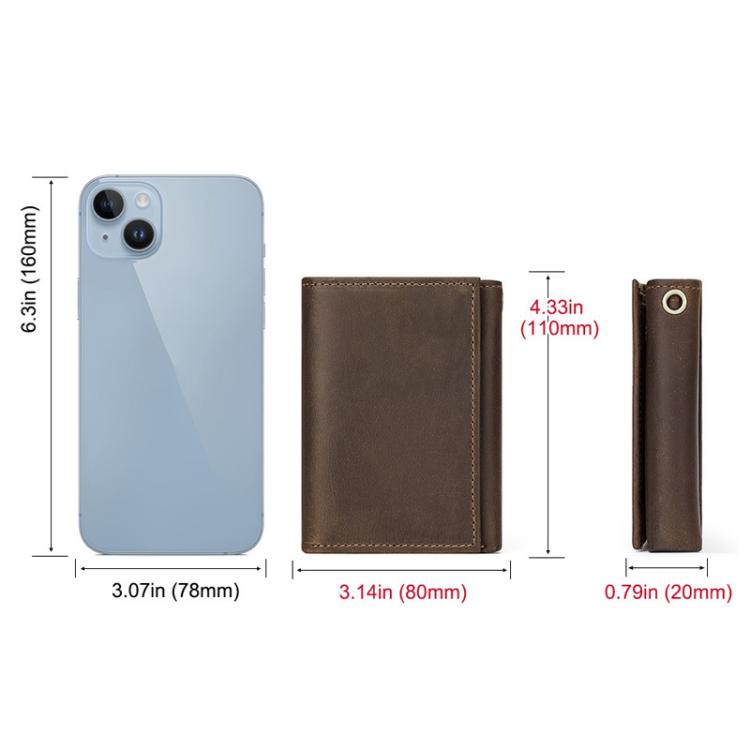 Brown leather wallet with matching strap shown with size guide