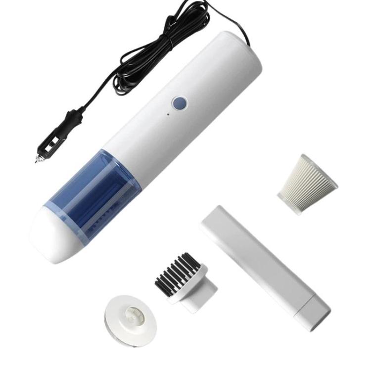 White 12V handheld car vacuum cleaner with blue dust chamber and included attachments