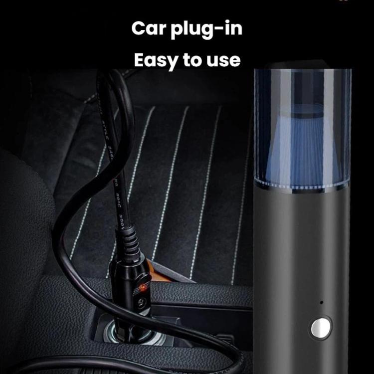 White and blue handheld car vacuum with car plug power cord and nozzle