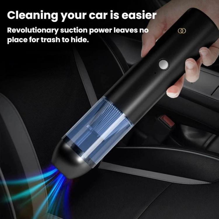 Black handheld car vacuum with blue translucent dust bin and trigger control