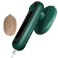 Green handheld garment steamer with rounded steam plate and power button