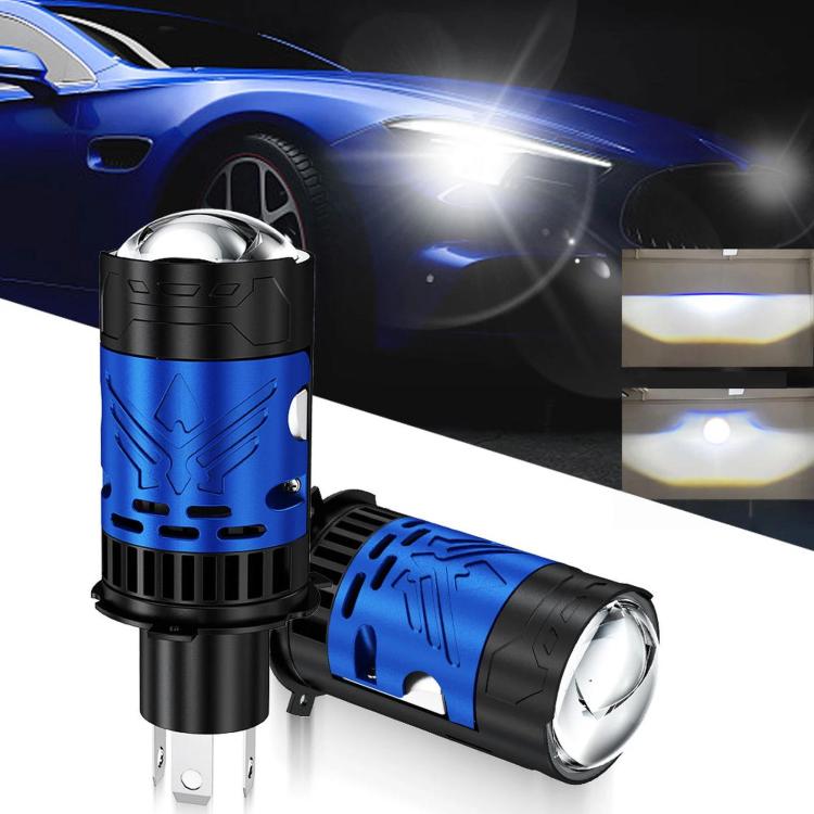 Blue and black LED car projector headlight bulb with metal base and front reflector lens