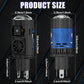 Pair of blue and black LED projector headlight bulbs with labeled size diagram