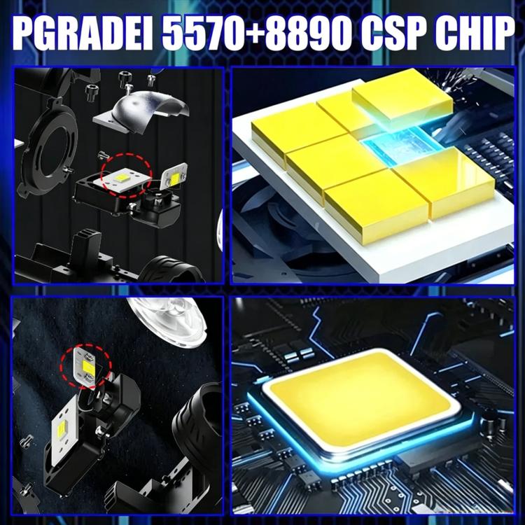 LED projector headlight bulb with yellow chip module inside black housing