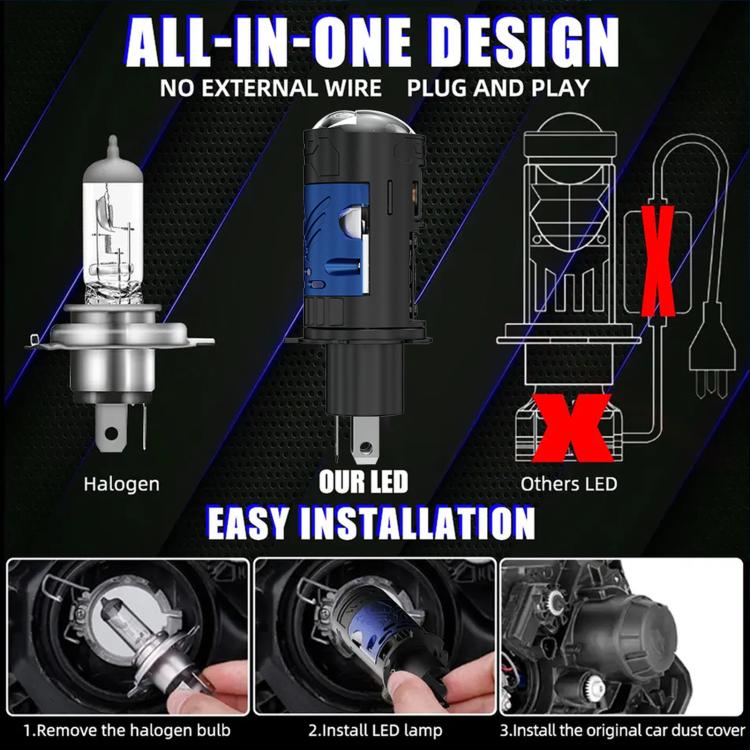 Black LED headlight bulb with plug-and-play style design and halogen bulb comparison