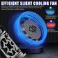 Black LED headlight bulb with cooling fan airflow illustration and blue light ring