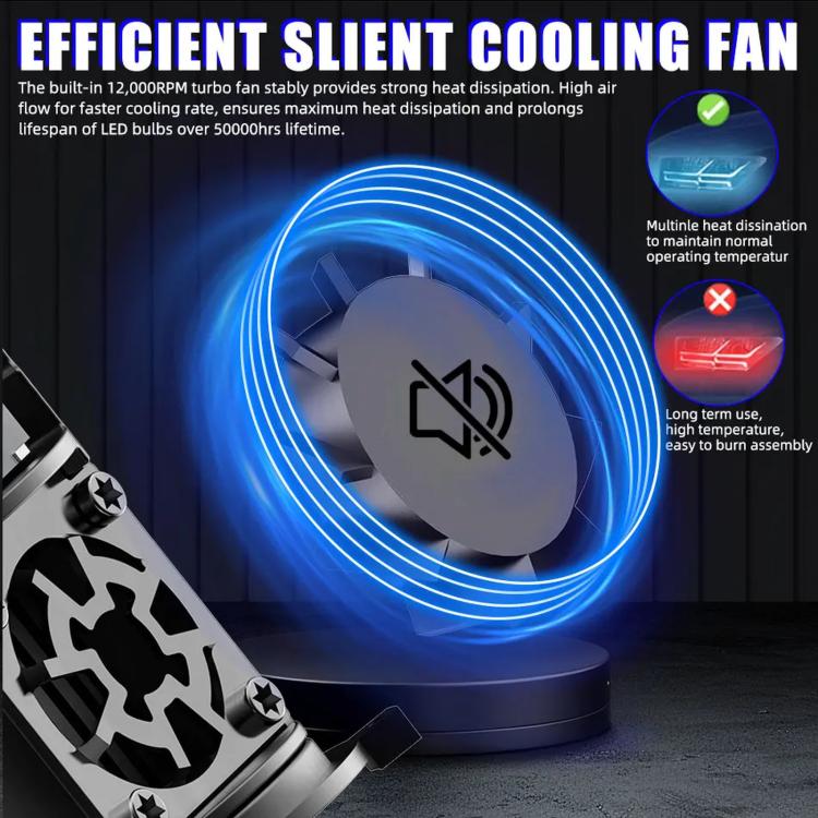 Black LED headlight bulb with cooling fan airflow illustration and blue light ring