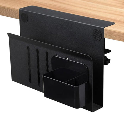 Black clip-on desk side storage rack with pen holder and cable-free clip arms