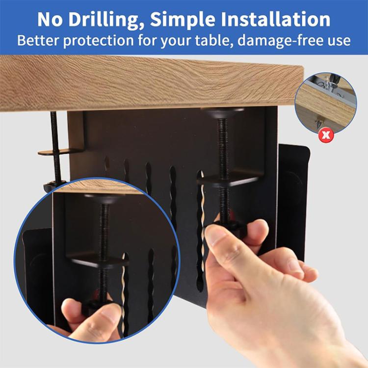 Black desk side storage rack shown with hands adjusting the clip-on mount
