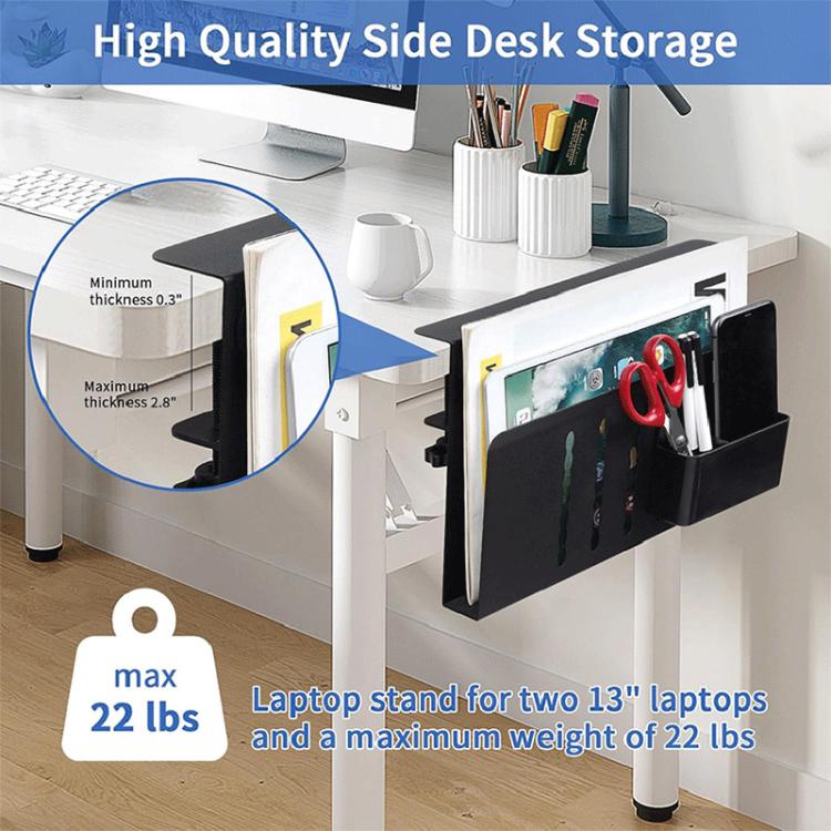 Black side desk storage rack with built-in pen holder under tabletop