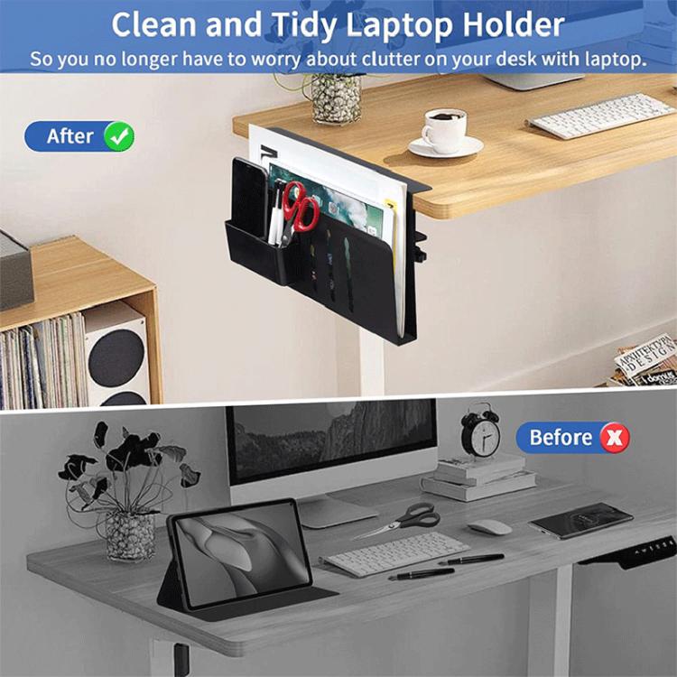 Black laptop holder-style side desk storage rack with pen and accessory pockets