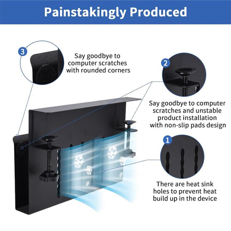 Black clip-on side storage rack with heat-sink holes and rounded contact edges