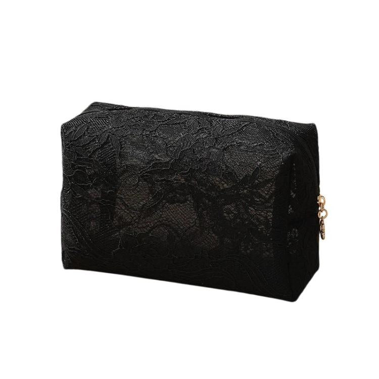 Black lace cosmetic bag with top zipper and gold-tone pull tab