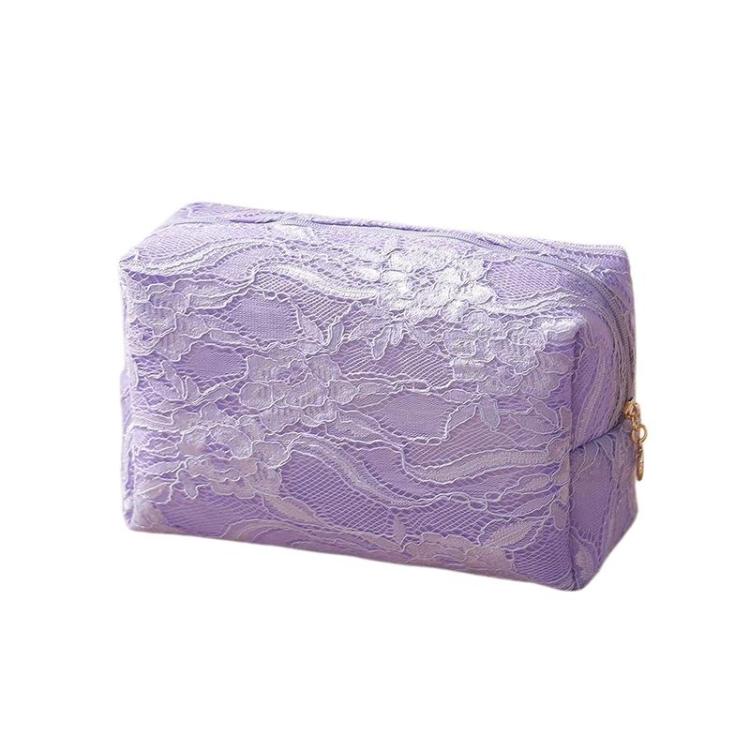 Purple lace cosmetic bag with top zipper and gold-tone pull tab