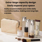 Beige lace cosmetic bag with zipper, with makeup bottles and beauty items nearby