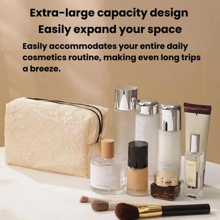 Beige lace cosmetic bag with zipper, with makeup bottles and beauty items nearby