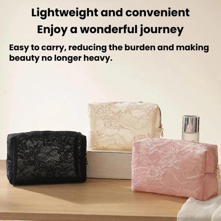 Assorted lace cosmetic bags (black, beige, pink) with gold-tone zippers
