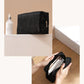 Black lace cosmetic bag with zipper, hand holding toiletries and brush