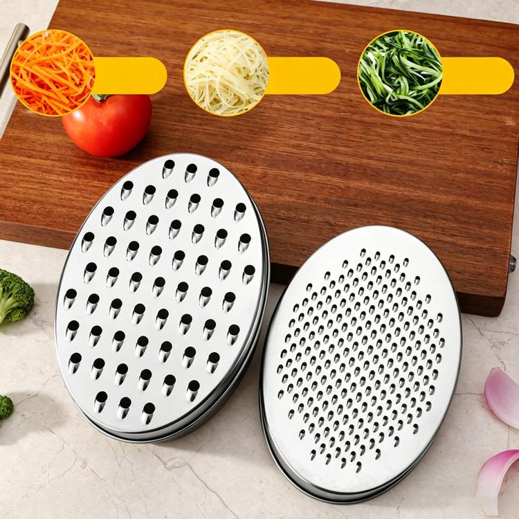 Stainless steel grater discs with black storage container and grating brush