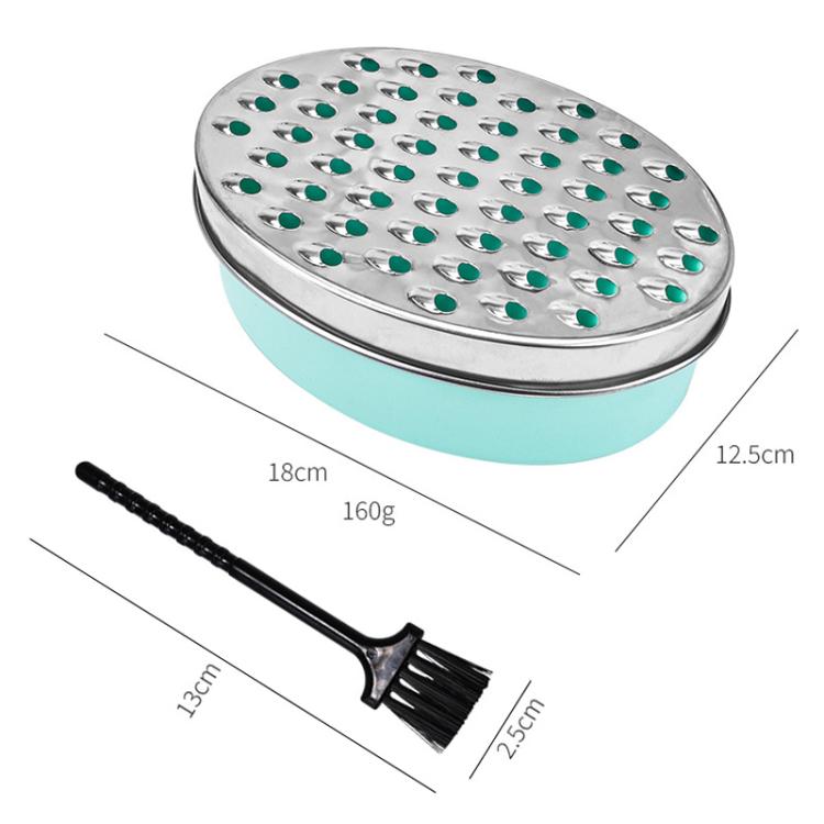 Black-and-teal storage container grater with stainless disc and cleaning brush