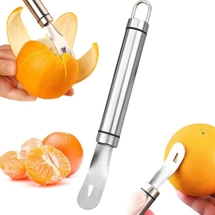 Stainless steel orange peeler tool with serrated blade, peeling an orange
