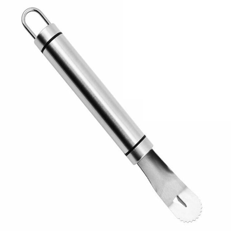Stainless steel handheld peeler with hanging loop and serrated scalloped edge blade