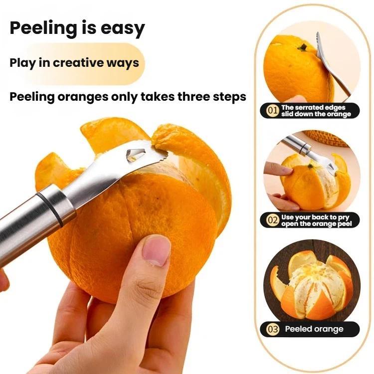 Orange peeler tool peeling an orange with a serrated blade edge