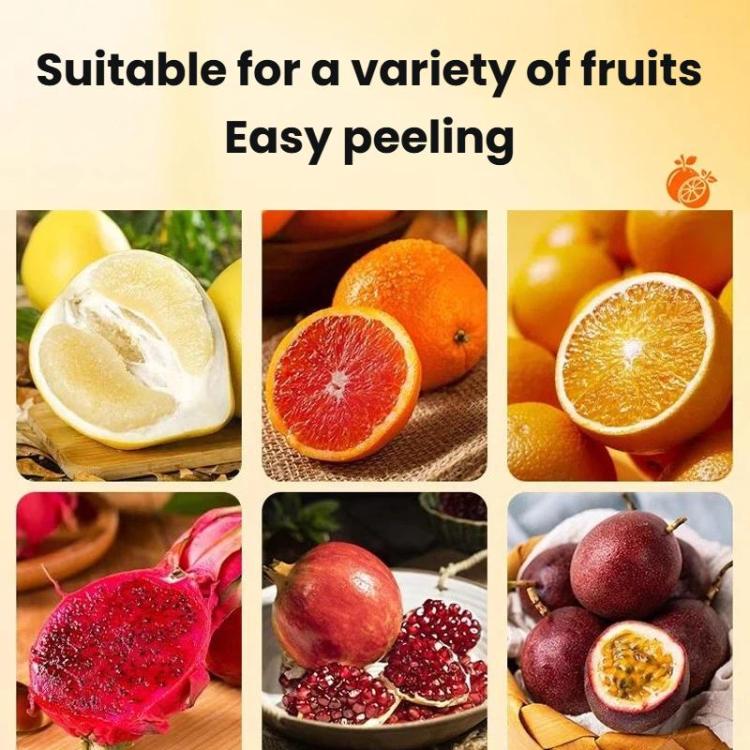 Assorted fruit images showing easy peeling compatibility for an orange peeler