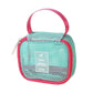 Teal mesh cosmetic bag with top handle, pink zipper trim, and travel label pocket
