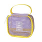 Purple mesh cosmetic bag with top handle, yellow zipper trim, and travel label pocket