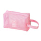 Pink mesh cosmetic organizer pouch with zipper and wrist strap, travel label patch