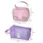 Pink and purple mesh cosmetic bags with carry handles and travel label patches