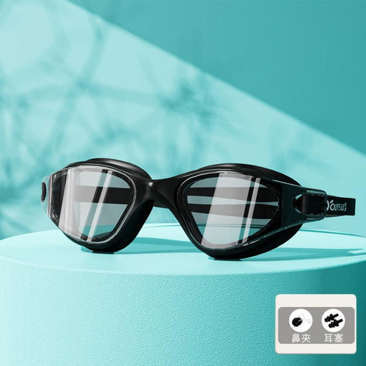 Black swimming goggles with mirrored lenses and integrated earplugs